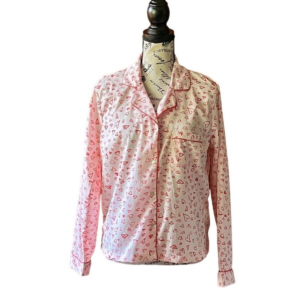 Joie All Over Heart Novelty Print Button Up Long Sleeve Pajama Top  M - Picture 1 of 8